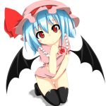  1girl bat_wings black_legwear blue_hair blush hat looking_at_viewer nyt open_mouth remilia_scarlet shadow shiny shiny_skin short_hair simple_background solo touhou vampire white_background wings 