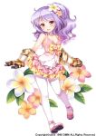  1girl blush bow breasts cleavage dress female flower flower_knight_girl full_body gauntlets hair_flower hair_ornament layered_skirt long_hair looking_at_viewer object_namesake official_art pantyhose pink_shoes plant plumeria_(flower_knight_girl) purple_hair ribbon shoes shouni_(sato3) small_breasts smile solo standing swimsuit wavy_hair white_background white_legwear yellow_bow yellow_eyes 