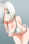  1girl aqua_eyes bikini breast_hold breast_lift breasts cleavage comah hair_ornament hair_over_one_eye hairclip hamakaze_(kantai_collection) kantai_collection large_breasts leaning_forward looking_at_viewer navel short_hair silver_hair simple_background smile solo swimsuit 