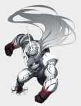  1boy armor clenched_hand clenched_hands crack fighting_stance full_body ganesagi gradient_hair grey_background grey_hair long_hair looking_at_viewer male_focus monochrome monster multicolored_hair open_mouth original simple_background solo spot_color teeth white_hair 
