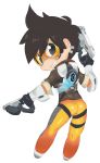  1girl ass gloves goggles gun holding holding_gun holding_weapon man0. overwatch shiny shiny_clothes shiny_hair short_hair simple_background solo tracer_(overwatch) weapon white_background 