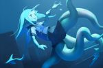  1girl blue_eyes blue_hair female fins fish hasukawa_isaburou head_fins horn monster_girl open_mouth original scylla skirt swimming tentacle underwater water 