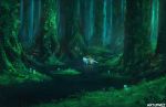  1girl 90s flower forest grass mononoke_hime nature reflection river san scenery solo w-e-z watermark wolf 