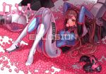  1girl arms_up artist_name bangs bodysuit breasts brown_eyes brown_hair bubblegum bunny_print candy character_name clothes_writing d.va_(overwatch) eclosion facial_mark full_body gloves gum gumball_machine gumballs gun handgun headphones knees_together_feet_apart knees_up long_hair lying mecha medium_breasts meka_(overwatch) mouth_hold on_back overwatch pilot_suit shade solo sphere swept_bangs transparent very_long_hair weapon whisker_markings white_gloves 