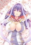  1girl arm_up bangs blush breasts bridal_gauntlets buttons cleavage creek_(moon-sky) eyebrows eyebrows_visible_through_hair hair_between_eyes hand_up highlights highres isabelle_(shadowverse) jewelry large_breasts long_hair long_sleeves looking_at_viewer lying multicolored_hair on_back parted_lips petals purple_hair ring shadowverse skindentation solo unbuttoned upper_body violet_eyes 