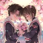  1boy 1girl 2016 antenna_hair blurry blurry_background blush bouquet brown_hair card_captor_sakura character_name cherry_blossoms copyright_name depth_of_field emblem flower forehead-to-forehead from_side hair_flower hair_ornament happy kinomoto_sakura laughing levan li_xiaolang long_sleeves petals profile puffy_long_sleeves puffy_sleeves school_uniform serafuku short_hair shy signature smile two_side_up 