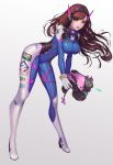  1girl absurdres bangs bodysuit boots breasts brown_eyes brown_hair bunny_print clothes_writing covered_navel d.va_(overwatch) eyebrows eyebrows_visible_through_hair eyelashes finger_on_trigger firing floating_hair full_body gloves gun handgun hayanpool headphones highres holding holding_gun holding_weapon large_breasts leaning_forward legs_apart lens_flare long_hair long_sleeves looking_at_viewer motion_blur overwatch parted_lips pauldrons pilot_suit red_lips skin_tight solo standing swept_bangs thigh_strap v_arms weapon whisker_markings white_boots white_gloves white_legwear 