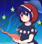  1girl animal_ears blob blue_eyes blue_hair blush buna_shimeji_(keymush) capelet doremy_sweet dress hat jellyfish nightcap pom_pom_(clothes) short_hair smile solo star tapir_ears touhou 