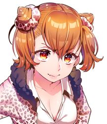  1girl bangs breasts character_request cleavage collarbone collared_shirt fang hair_between_eyes hair_ornament hair_scrunchie ikezaki_misa leopard_print lips long_sleeves matching_hair/eyes orange_eyes orange_hair scrunchie shirt short_hair simple_background solo upper_body white_background white_shirt 