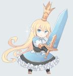  1girl blonde_hair blue_dress blue_eyes breastplate charlotta_(granblue_fantasy) crown dress frilled_dress frills granblue_fantasy harbin highres holding holding_sword holding_weapon long_hair pointy_ears puffy_short_sleeves puffy_sleeves seedflare short_sleeves simple_background solo sparkle standing sword very_long_hair weapon 