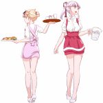  2girls alternate_costume anna_miller apron bangs blonde_hair colored_eyelashes contemporary female food french_fries from_behind full_body green_eyes hair_between_eyes hair_bun hair_flaps hair_ornament hair_ribbon hair_up hairclip heart high_heels ice ice_cube kantai_collection legs looking_to_the_side mikeco miniskirt multiple_girls name_tag open_mouth pencil_skirt pink_hair pink_skirt pitcher puffy_short_sleeves puffy_sleeves red_eyes red_skirt remodel_(kantai_collection) ribbon sandwich shirt shoes short_sleeves simple_background skirt smile tray underbust waist_apron waitress water white_background white_shirt white_shoes yura_(kantai_collection) yuudachi_(kantai_collection) 
