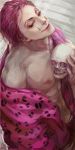  1boy eyelashes facial_mark half-closed_eyes hisoka_(hunter_x_hunter) hunter_x_hunter kuma_hiroki lips male_focus nipples pale_skin pink_hair red_eyes skull smile solo upper_body 