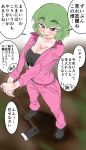  1girl alternate_costume black_shirt blurry_background blush breasts cleavage crop_top eyebrows eyebrows_visible_through_hair from_above green_hair ground hands_on_hilt highres hoe jumpsuit kazami_yuuka large_breasts looking_at_viewer red_eyes shirt short_hair solo takeu thick_eyebrows touhou translation_request worktool 