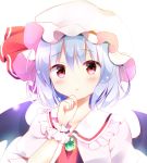  1girl bat_wings blue_hair blush face hat hat_ribbon highres hyurasan looking_at_viewer mob_cap open_mouth portrait puffy_sleeves red_eyes remilia_scarlet ribbon short_hair short_sleeves simple_background solo touhou white_background wings wrist_cuffs 