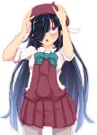  1girl :&lt; absurdres beret black_hair blush bow bowtie dress eyes_visible_through_hair gradient_hair hair_over_one_eye hair_ribbon hands_on_headwear hands_up hat hayashimo_(kantai_collection) highres kantai_collection long_hair long_sleeves looking_up multicolored_hair open_mouth pantyhose purple_legwear ribbon ru2n131 school_uniform shirt sleeveless sleeveless_dress sleeves_folded_up solo triangle_mouth very_long_hair violet_eyes white_shirt 