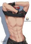  1boy abs gloves male_focus mask muscle nipples overwatch shirt_lift silver_hair soldier:_76_(overwatch) solo tagme undressing 