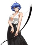  00s 1girl blue_hair bow bow_(weapon) breasts center_opening cleavage eyepatch green_eyes hakama holding ikkitousen japanese_clothes large_breasts mole mole_under_mouth ryomou_shimei short_hair simple_background smile solo weapon white_background 