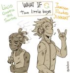  2boys \m/ amputee bandaged_arm collarbone dark_skin dark_skinned_male english hairlocs hand_up headphones high_ponytail junkrat_(overwatch) long_hair lucio_(overwatch) male_focus missing_limb multiple_boys musical_note overwatch partially_colored ponytail quaver role_reversal simple_background smile tank_top text torn_clothes upper_body walking_stick what_if white_background younger 