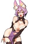  1girl 7th_dragon_(series) 7th_dragon_iii animal_ears black_legwear breasts cleavage detached_sleeves highres navel no_panties okita_ababa open_mouth purple_hair short_hair simple_background solo teeth thigh-highs white_background 