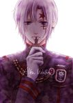  1boy allen_walker backlighting character_name d.gray-man gloves highres jewelry lavender_hair male_focus military military_uniform ouka_(xouka0206x) scar scar_across_eye single_earring solo star uniform violet_eyes white_gloves zipper 