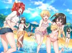  2boys 5girls :d ;d ^_^ ahoge arm_up ass bangs bare_legs barefoot beach beach_umbrella bikini black_bikini black_eyes black_hair blonde_hair blue_sky blush bow bow_bikini breasts brown_hair closed_eyes clouds coast collarbone contrapposto covering covering_breasts crossed_arms denim denim_shorts embarrassed eyebrows eyebrows_visible_through_hair flower frilled_bikini frills from_behind groin hair_between_eyes hair_flower hair_ornament hair_over_shoulder hair_ribbon hairclip halter_top halterneck happy incoming_hug jewelry large_bow lens_flare long_hair looking_back male_swimwear multiple_boys multiple_girls navel necklace one_eye_closed one_side_up open_clothes open_mouth open_shirt outdoors outstretched_arms palm_tree pink_bikini pink_bow red_eyes redhead ribbon sand sarong shiny shiny_hair shirako_miso shirt short_hair short_shorts shorts side-tie_bikini sitting sky small_breasts smile splashing standing standing_on_one_leg summer sunlight swim_trunks swimsuit swimwear teeth tied_shirt tree umbrella wading water wet white_bikini white_flower white_ribbon white_shirt 