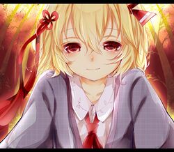  1girl blonde_hair hair_ribbon letterboxed light_smile looking_at_viewer misa_(kaeruhitode) red_eyes red_ribbon ribbon rumia short_hair solo touhou 