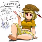  2girls animal_ears annoyed arm_support barefoot belly blonde_hair breasts dango eating feet flat_cap food hat medium_breasts mg_mg multiple_girls navel ninniku_(ninnniku105) rabbit_ears red_eyes ringo_(touhou) scolding seiran_(touhou) shirt short_hair soles toes touhou translated wagashi 