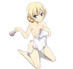  1girl barefoot blonde_hair blue_eyes braid breasts casual_one-piece_swimsuit collarbone covering covering_breasts cup darjeeling frilled_swimsuit frills full_body girls_und_panzer holding_clothes kneeling long_hair nanashino one-piece_swimsuit simple_background solo sweat swimsuit tea teacup untied white_background white_swimsuit 