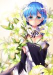  1girl absurdres apron blue_eyes blue_hair blurry bow breasts cleavage crying crying_with_eyes_open depth_of_field detached_collar detached_sleeves dress eyes_visible_through_hair floral_background flower frilled_sleeves frills hair_ornament hair_over_one_eye highres holding holding_flower huoyi_(zzh100200) lily_(flower) looking_at_viewer maid maid_headdress medium_breasts re:zero_kara_hajimeru_isekai_seikatsu rem_(re:zero) short_hair smile solo tears upper_body wide_sleeves x_hair_ornament zzh100200 