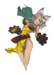  1girl animal_ears belt cat_ears cat_paws dark_skin dress erun_(granblue_fantasy) fang flower gloves granblue_fantasy green_eyes grey_hair hair_flower hair_ornament highres melleau p-rus paw_gloves paws short_dress short_hair simple_background sketch solo white_background 