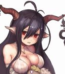  1girl antenna_hair bandage bandaged_arm bangs bare_shoulders blush breasts cleavage coppelia_(futamine) crescent danua doraf dress gloves granblue_fantasy hair_between_eyes horn_ornament horns jewelry long_hair looking_at_viewer necklace parted_lips pointy_ears purple_hair red_eyes solo stuffed_toy white_dress white_gloves 