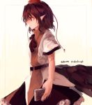  1girl akaiha_(akaihagusk) black_skirt black_wings breasts brown_hair feathered_wings frame frilled_skirt frills highres low_wings notebook pointy_ears profile red_eyes ribbon shameimaru_aya shiny shiny_hair shirt short_hair short_sleeves simple_background skirt small_breasts smile solo touhou twitter_username wavy_hair white_background white_shirt wings 