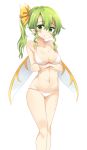  1girl bikini blush bow breast_hold breasts cleavage daiyousei fairy_wings green_hair hair_bow highres long_hair looking_at_viewer maturiuta_sorato navel open_mouth side_ponytail simple_background solo swimsuit touhou white_background white_bikini wings 