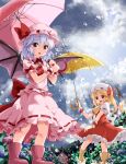  2girls bat_wings blonde_hair blue_hair bow flandre_scarlet flower hat hat_bow highres hydrangea light_rays mob_cap multiple_girls open_mouth rain red_eyes remilia_scarlet ruu_(tksymkw) scarlet_devil_mansion siblings sisters touhou umbrella wings wrist_cuffs 