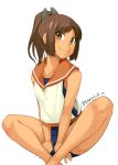  1girl barefoot between_legs brown_eyes brown_hair dark_skin hair_ornament hairclip hand_between_legs i-401_(kantai_collection) indian_style kantai_collection one-piece_swimsuit ponytail sailor_collar sakula school_swimsuit school_uniform serafuku short_ponytail simple_background sitting smile solo swimsuit swimsuit_under_clothes twitter_username white_background 