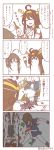  2girls 4koma absurdres ahoge anger_vein bare_shoulders black_serafuku black_skirt blue_eyes boots bottle braid brown_hair comic detached_sleeves double_bun fingerless_gloves gloves hair_flaps hair_ornament hair_over_shoulder hair_ribbon hairband headgear highres hitting japanese_clothes kantai_collection kongou_(kantai_collection) long_hair multiple_girls nontraditional_miko pleated_skirt remodel_(kantai_collection) ribbon ribbon-trimmed_sleeves ribbon_trim school_uniform serafuku shigure_(kantai_collection) single_braid skirt thigh-highs thigh_boots translation_request wataru_(nextlevel) 