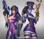  badcompzero belt blizzard_(company) blue_eyes blue_hair breasts caitlyn_(league_of_legends) caitlyn_(league_of_legends)_(cosplay) choker cleavage cosplay costume_switch grey_background gun hat head_mounted_display hips league_of_legends lips looking_at_viewer overwatch parted_lips ponytail purple_skin rifle riot_games skirt sniper_rifle thighs trait_connection weapon widowmaker_(overwatch) widowmaker_(overwatch)_(cosplay) yellow_eyes 