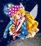  1girl american_flag_dress american_flag_legwear blonde_hair blush closed_mouth clownpiece dress earth fairy_wings full_body hat head_tilt jester_cap long_hair looking_at_viewer moon namino. neck_ruff pantyhose polka_dot red_eyes short_dress sleeveless smile solo space star striped touhou v_arms very_long_hair wings 