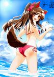  1girl alternate_hairstyle animal_ears ass azumaya_toushirou back bikini blue_sky blush brown_hair clouds dutch_angle from_behind hair_ribbon highres imaizumi_kagerou looking_at_viewer looking_back ocean open_mouth partially_submerged ponytail red_bikini red_eyes ribbon sky smile solo sun swimsuit tail touhou water wolf_ears wolf_tail 