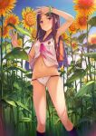  1girl arm_up armpits backpack bag bare_arms black_hair black_legwear blue_sky blurry blush breasts buttons clouds depth_of_field eyebrows eyebrows_visible_through_hair flower from_below gluteal_fold hair_ornament hairclip highres kneehighs leaf legs_apart long_hair navel neckerchief no_pants open_\m/ original outdoors palms panties purple_hair school_uniform scrunchie serafuku shade shading_eyes shirt sky sleeveless sleeveless_shirt small_breasts smile solo standing stomach straight_hair summer sunflower unbuttoned underwear violet_eyes white_panties white_shirt wrist_scrunchie yellow_flower yokaze_japan 
