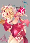  1girl absurdres apple blonde_hair cekonikova crystal flandre_scarlet food fruit hat hat_ribbon highres mob_cap open_mouth red_eyes ribbon short_sleeves simple_background skirt solo tongue tongue_out touhou wings wrist_cuffs 