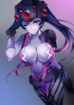  1girl ;q bandaged_arm black_gloves blue_background bodysuit breasts center_opening cleavage collarbone cowboy_shot gloves gradient gradient_background hand_on_headwear head_mounted_display large_breasts licking_lips long_hair looking_at_viewer one_eye_closed overwatch ponytail purple_background purple_hair purple_skin sevenann solo tongue tongue_out very_long_hair widowmaker_(overwatch) yellow_eyes 