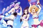  3girls :d absurdres ass ball beach beachball bikini blonde_hair blue_bikini blue_hair breasts brown_hair butt_crack cleavage fang freyja_wion glasses hair_between_eyes highres large_breasts long_hair long_ponytail macross macross_delta mikumo_guynemer mirage_farina_jenius multicolored_hair multiple_girls navel official_art open_mouth pointy_ears purple_hair smile sunglasses sunglasses_on_head swimsuit two-tone_hair wading water wet 