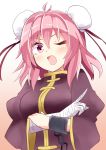 1girl aki_chimaki bandage bandaged_arm blush chinese_clothes cuffs double_bun from_above ibaraki_kasen looking_at_viewer open_mouth pink_eyes pink_hair scolding shackles short_hair solo touhou 