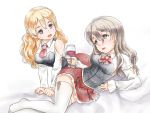  2girls 342_(artist) alcohol all_fours black_eyes brown_hair cup drinking_glass grey_hair half_updo kantai_collection long_hair lying multiple_girls on_side pola_(kantai_collection) thigh-highs wavy_hair wine wine_glass zara_(kantai_collection) 