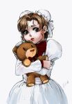  1girl absurdres bun_cover chun-li double_bun dress gtolin_chang highres juliet_sleeves lips long_sleeves puffy_sleeves solo street_fighter stuffed_animal stuffed_toy teddy_bear white_dress younger 