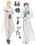  2boys absurdres blonde_hair blush bridal_veil caesar_anthonio_zeppeli flat_color full_body gloves highres jojo_no_kimyou_na_bouken kakyouin_noriaki male_focus multiple_boys redhead sachiko_(rinana239) tuxedo veil white_background 