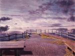  bench cliff clouds cloudy_sky colored_pencil_(medium) fence grass hagane_yama no_humans original outdoors pavement scenery shadow sky stairs sunset traditional_media wooden_fence 