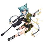  /\/\/\ 1girl 463_jun animal_ears anti-materiel_rifle aqua_eyes aqua_hair bag bangs belt belt_buckle belt_pouch black_gloves black_shorts boots breasts buckle cat_ears crop_top eyebrows eyebrows_visible_through_hair eyelashes finger_on_trigger fingerless_gloves firing full_body gloves green_jacket gun hair_between_eyes hair_ornament hairclip handgun highres holding holding_gun holding_weapon jacket kemonomimi_mode legs_apart looking_at_viewer midriff muzzle_flash navel open_clothes open_jacket outstretched_arm parted_lips pgm_hecate_ii rifle scarf shinon_(sao) short_hair short_shorts shorts sidelocks simple_background small_breasts sniper_rifle solo stomach sword_art_online thigh_strap trigger_discipline weapon white_background 