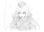  1girl dust_cloud garrison_cap girls_und_panzer greyscale hat itsumi_erika jacket long_hair monochrome onsen_man solo uniform 
